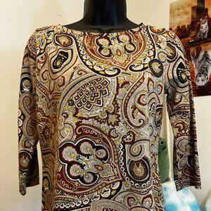 Talbots Brown Multicolor Paisley Print Cotton Stretch Top Size Small Petite